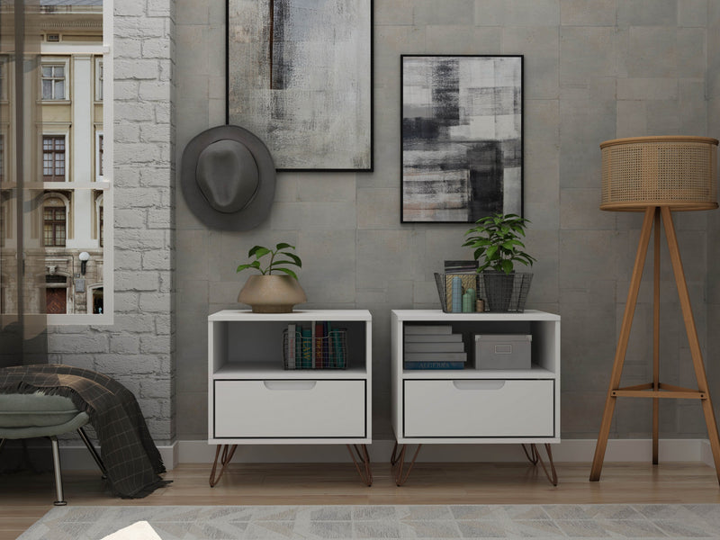 Rockefeller Mid-Century Modern 20\" Nightstand in White (1-Drawer) - Set of 2