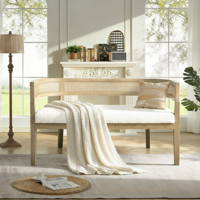 Rattan 47.5 Inch Rattan Upholstered Loveseat with Hand-Woven Backrest, Beige, Natural Ash