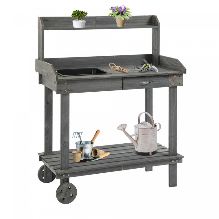 Outsunny 36\" Wooden Potting Bench Work Table With 2 Removable Wheels Gray