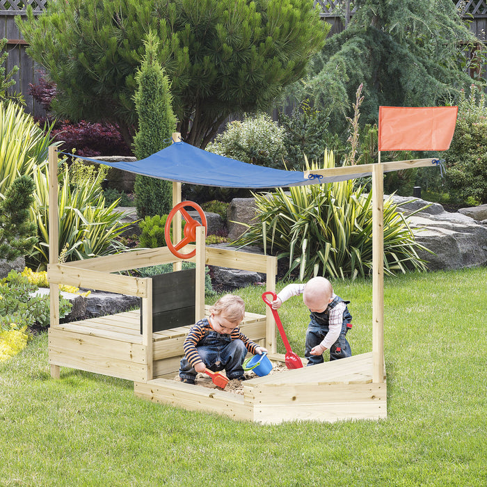 Kids Wooden Sandbox With Cover, Foldable Play Station, Covered Children Sand Boat Outdoor, W/flag, Bottom Liner, Blackboard, For 3-8 Years Old, Natural Wood