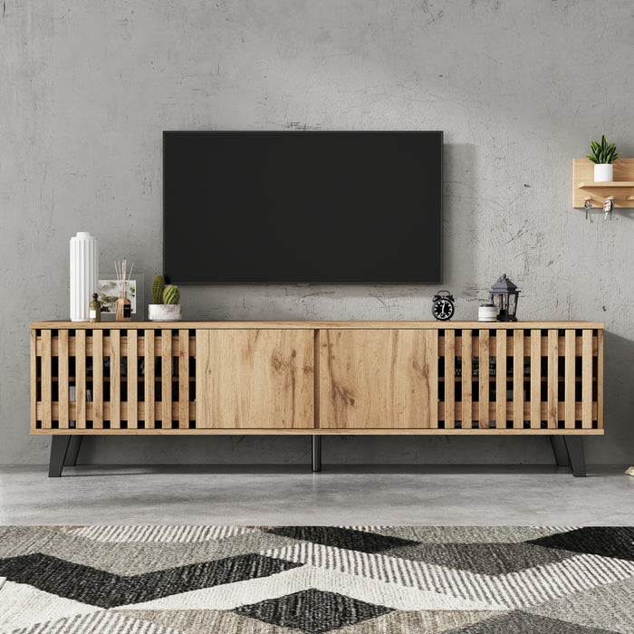 Zara 65 Inch Mid-Century TV Stand with Fluted Doors and Adjustable Shelves, Natural