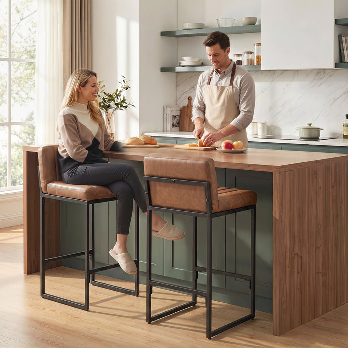 HOMCOM Bar Stools Set of 2, Retro Padded Counter Height Stools, Brown