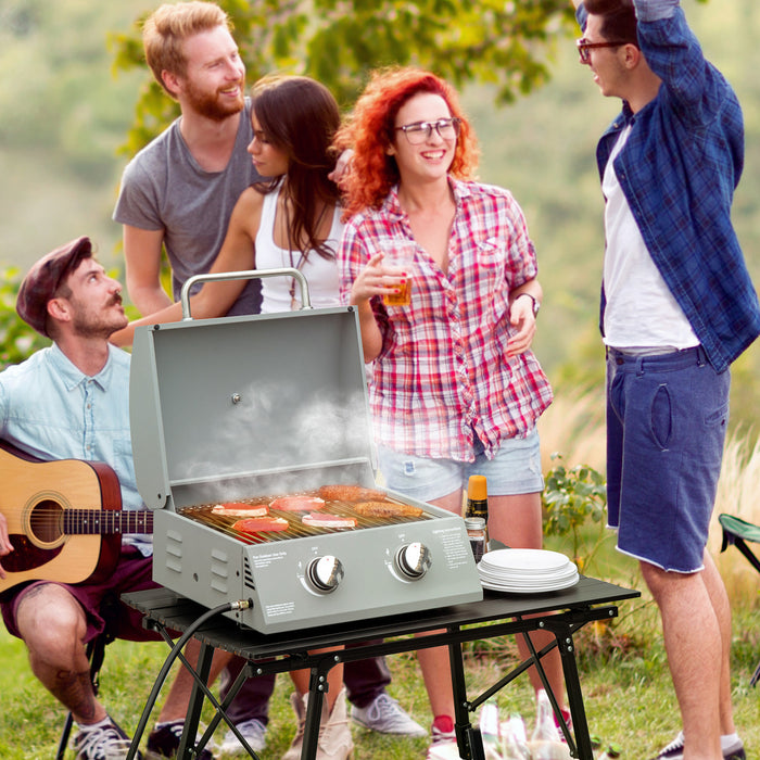 Outsunny 2 Burner Propane Gas Grill, Outdoor Portable Tabletop BBQ with Foldable Legs, 10000 Each Burner, Lid, for Camping, Picnic, Backyard, Silver