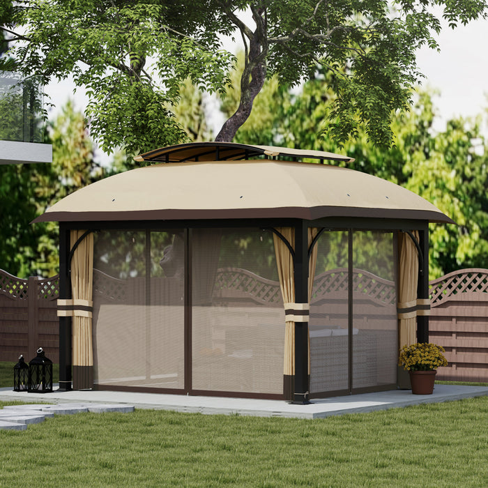 Outsunny 11' x 13' Double Roof Gazebo With Netting & Curtains, Khaki