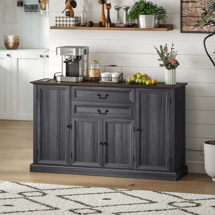 HOMCOM 58\" Farmhouse Sideboard Buffet Cabinet with Charging Station Black