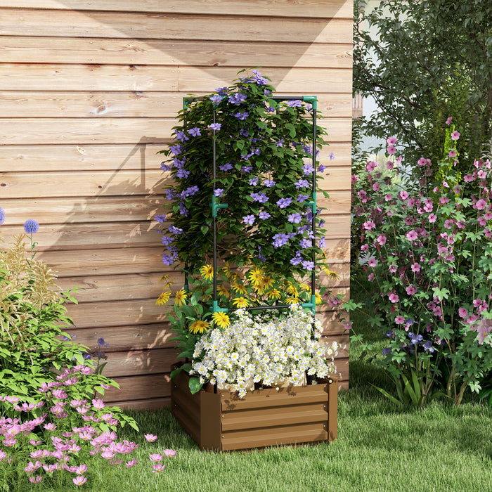 Outsunny Galvanized Raised Garden Bed With 3-tier Trellis Tomato Cage Brown