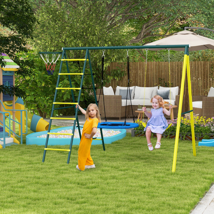 Outsunny 5 In 1 Swing Set For Kids With Saucer Swing, Seat, Climbing Ladder/net, Basketball Hoop, Metal Frame Swing Set For Backyard Outdoor, 3-8 Years Old, 105\" X 71\" X 80\"