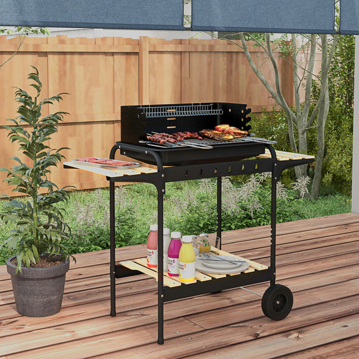 Outsunny Portable Outdoor Charcoal BBQ Grill with Adjustable Grill Height, Barbecue Trolley with Ash Catcher and Wheels for Outdoor Garden Party Cooking, Black