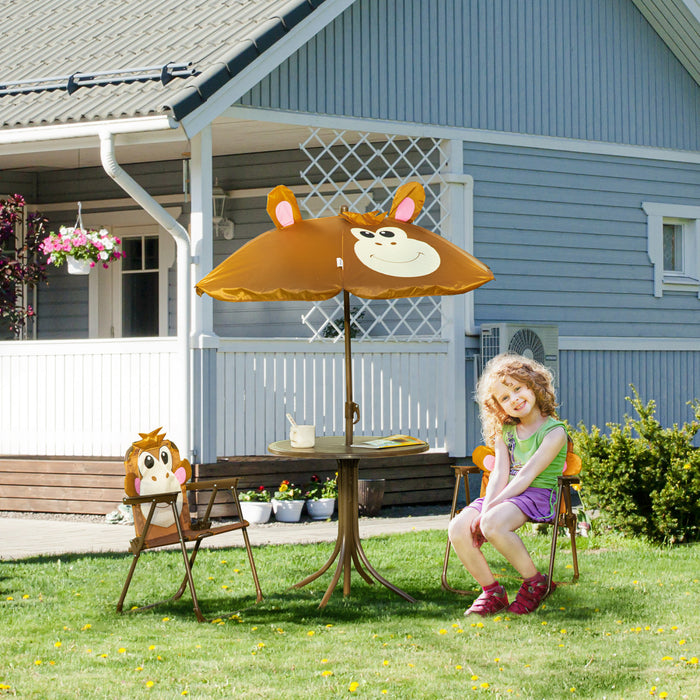 Outsunny Kids Folding Picnic Table And Chair Set Pattern Outdoor Garden Patio Backyard With Removable & Height Adjustable Sun Umbrella Brown
