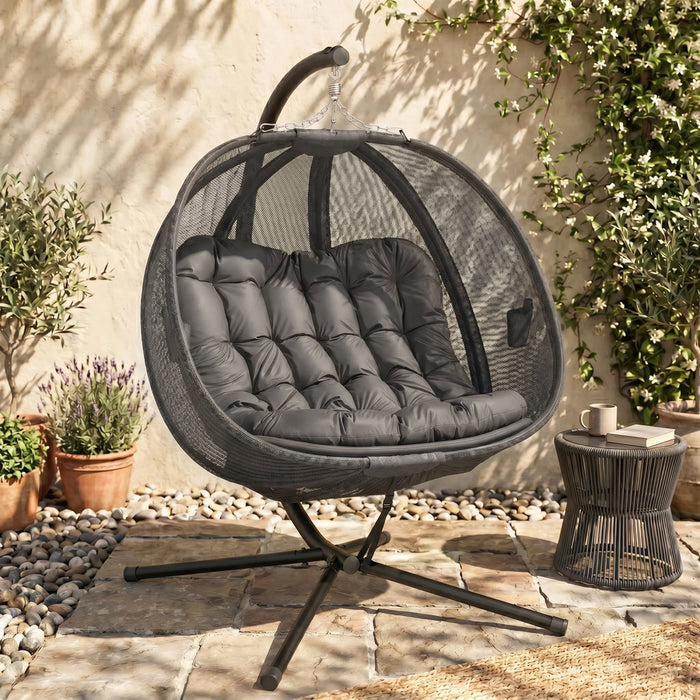 Outsunny Double Egg Chair with Stand, Hanging Swing Egg Chair, Grey