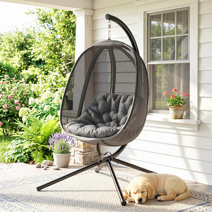 Outsunny Hanging Egg Chair with Stand and Folding Basket, Grey