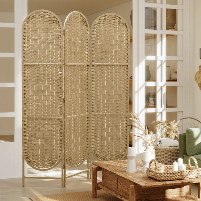 HOMCOM 3 Panel Room Divider, Bohemian Folding Privacy Screen, Natural Wood