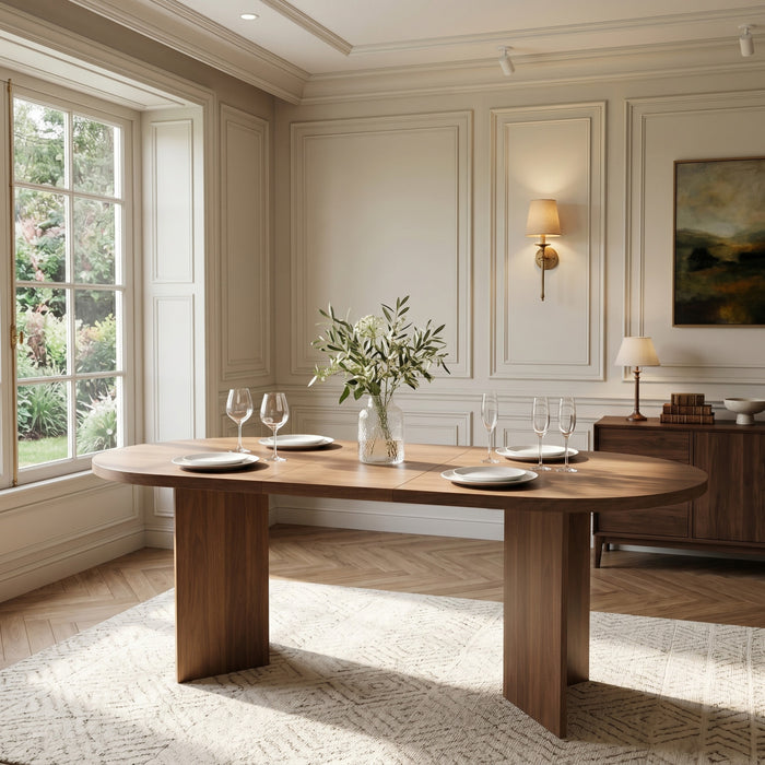 Ovalux 79 Inch Modern Oval Dining Table with Dual Pedestal Base and Wood Finish, Walnut