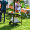 Outsunny Outdoor Grill Dining Cart with Stainless Steel Top and Foldable Side Table, BBQ Movable Pizza Oven Stand Food Prep Table Trolley with Hooks Shelf Cover, Black