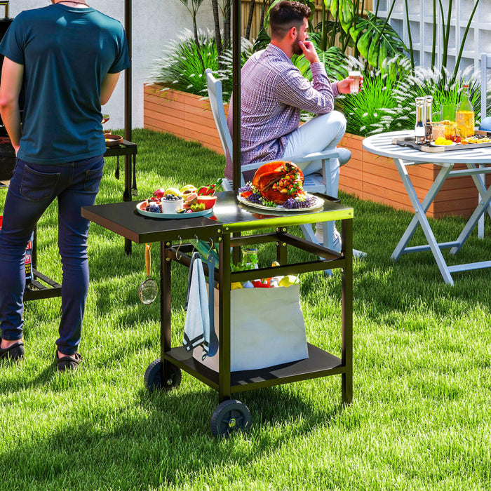 Outsunny Outdoor Grill Dining Cart with Stainless Steel Top and Foldable Side Table, BBQ Movable Pizza Oven Stand Food Prep Table Trolley with Hooks Shelf Cover, Black
