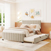 Ethan Space-Saving Velvet Upholstered Platform Bed with Trundle,Full Size,Beige Full Bed | Lit plateforme Ethan rembourre en velours, gain de place, avec tiroir gigogne, taille full, beige