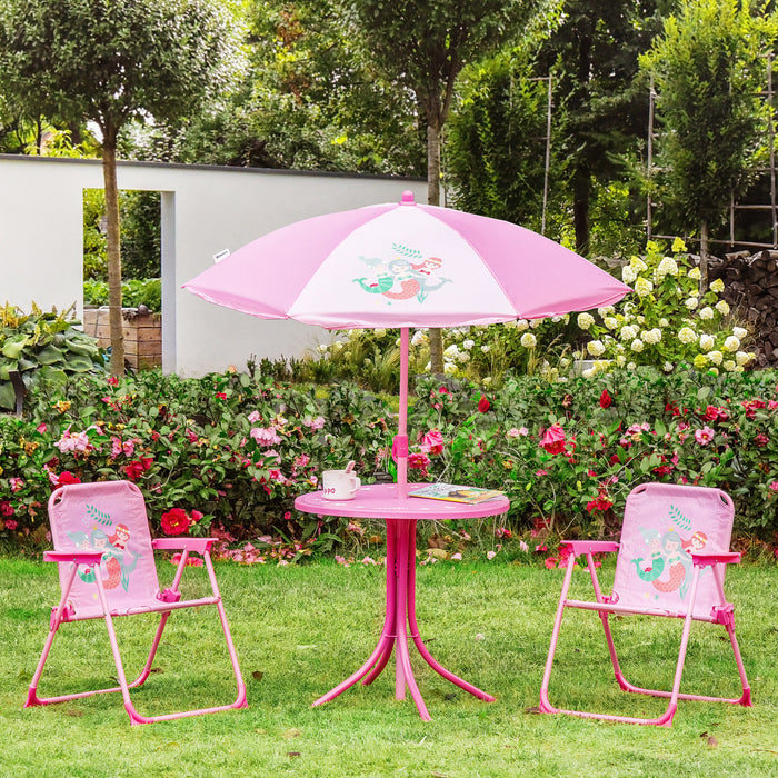 Outsunny Kids Folding Picnic Table And Chair Set Pattern Outdoor Garden Patio Backyard With Removable & Height Adjustable Sun Umbrella Pink