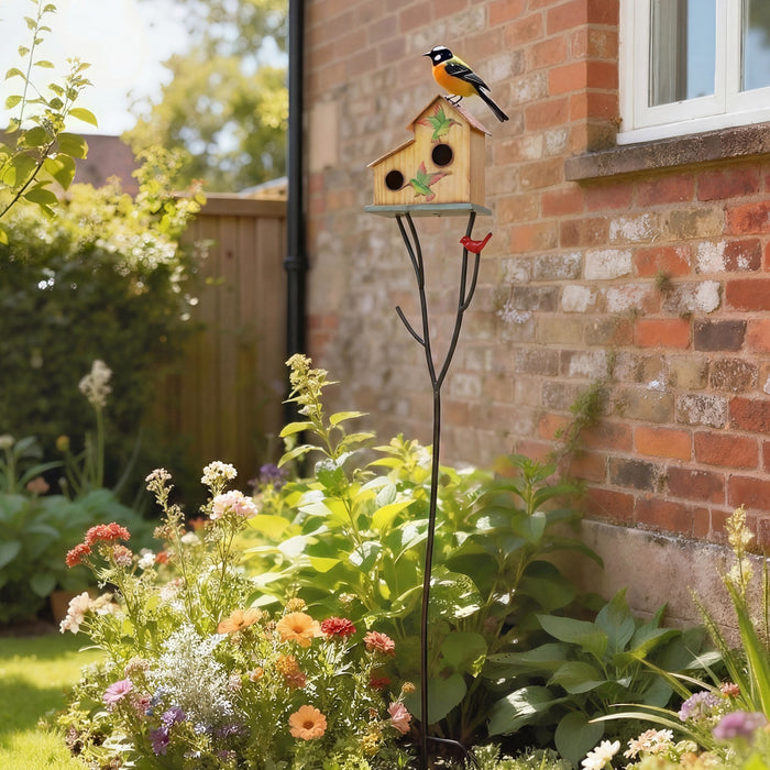 Outsunny Outdoor Bird House with Pole, 57\" Metal Birdhouse Decor, Yellow