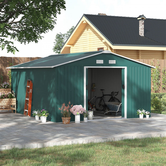 Outsunny 11' X 13' Practical Backyard Garden Storage Tool Shed Double Sliding Door 4 Ventilation Slots, Green