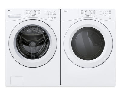 LG 5.2 Cu. Ft. Ultra Large Front Load Washer and 7.4 Cu. Ft. Electric Dryer with AI Sensor Dry® – White | Laveuse à chargement frontal à très grande capacité de 5,2 pi3 et sécheuse électrique de 7,4 pi3 avec AI Sensor DryMD de LG - blanches
