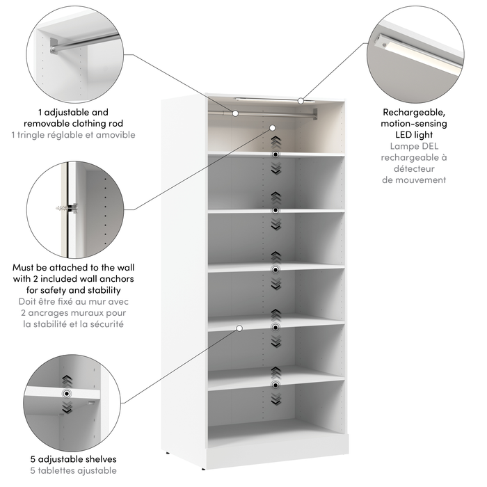 Bestar Florence 35\" Modular Reach-In/Walk-In Closet System with LED Light and Shelves - White