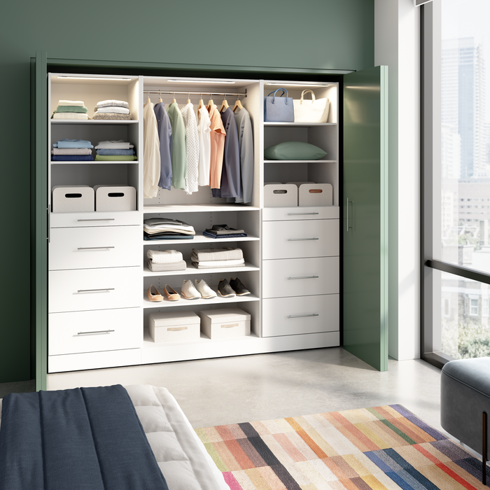 Bestar Florence 85\" Modular Reach-In/Walk-In Closet System with LED Lights and Storage - White