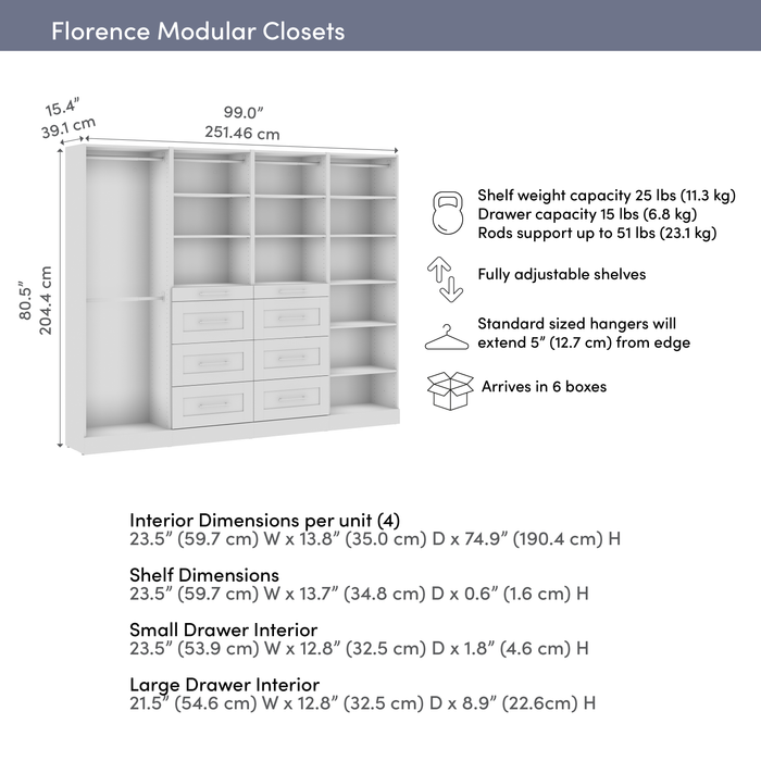 Bestar Florence 100\" Modular Reach-In/Walk-In Closet System with Rods, Shelves and Drawers Shaker Style - White