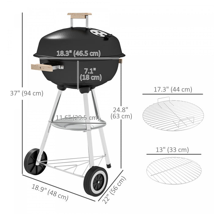 Outsunny Portable Charcoal BBQ Grill, Steel Barbecue Grill with Lid and Air Vents, Outdoor Camp Picnic Cooker with Wheels and Storage Shelf, Black