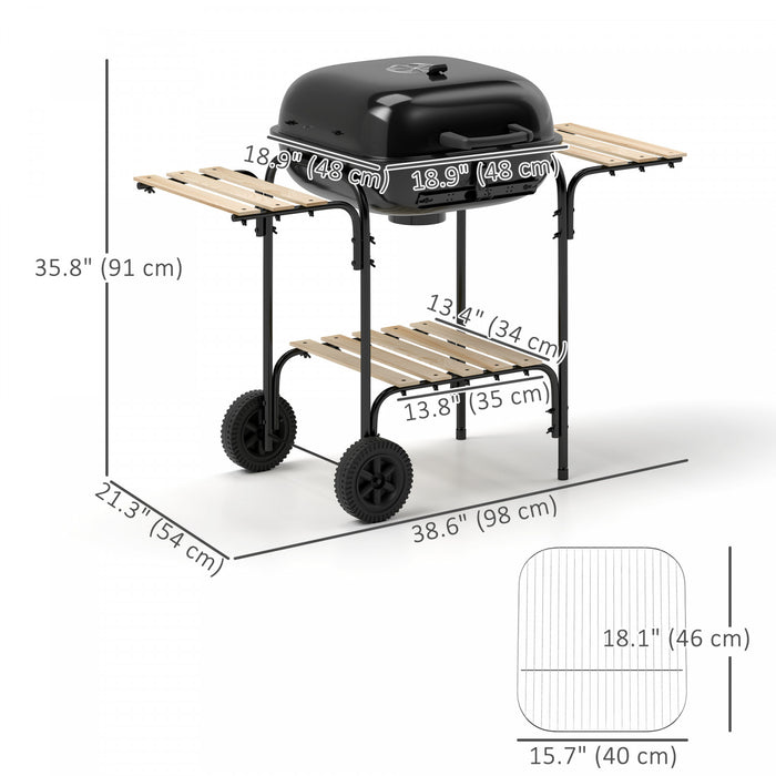Outsunny Charcoal BBQ Grill, Portable Grill with 1840 cm² Cooking Area, Storage Shelves, Adjustable Air Vent, Locking Lid, Wheels for Garden Party Outdoor Cooking, Black