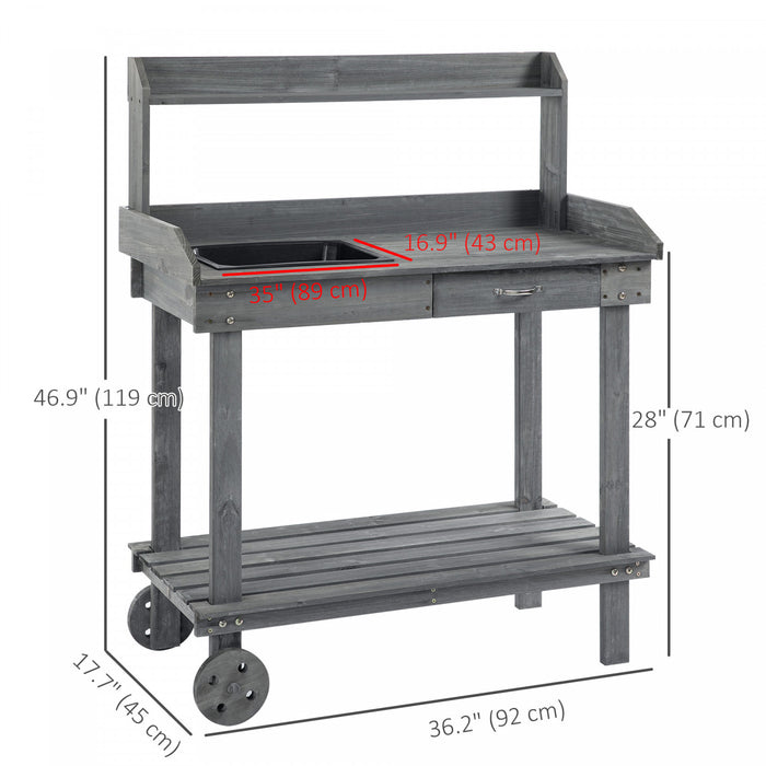 Outsunny 36\" Wooden Potting Bench Work Table With 2 Removable Wheels Gray