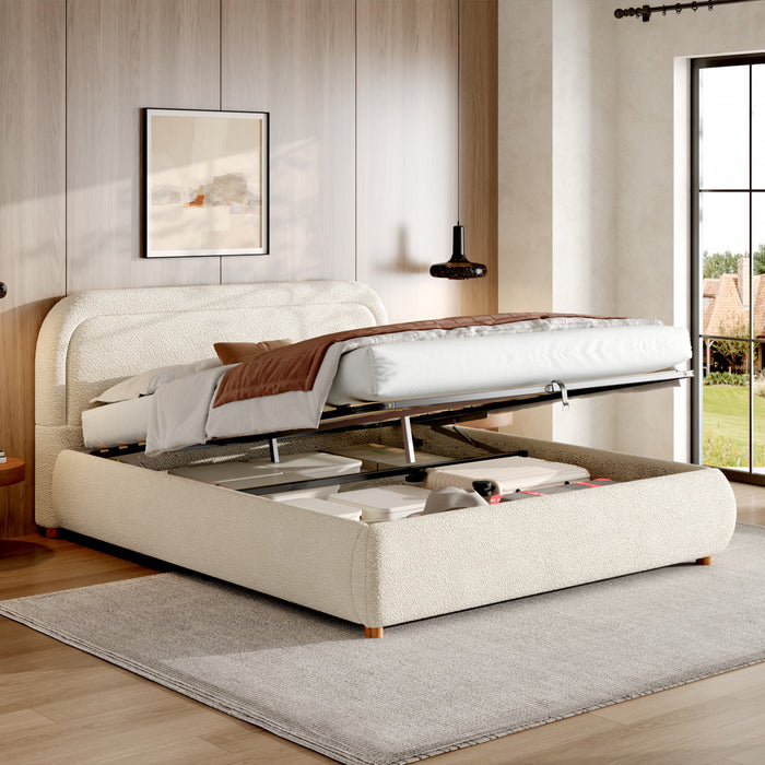 Sophia Space-Saving Hydraulic Lift Storage Platform Bed with Boucle Upholstery,King Size,Beige King Bed