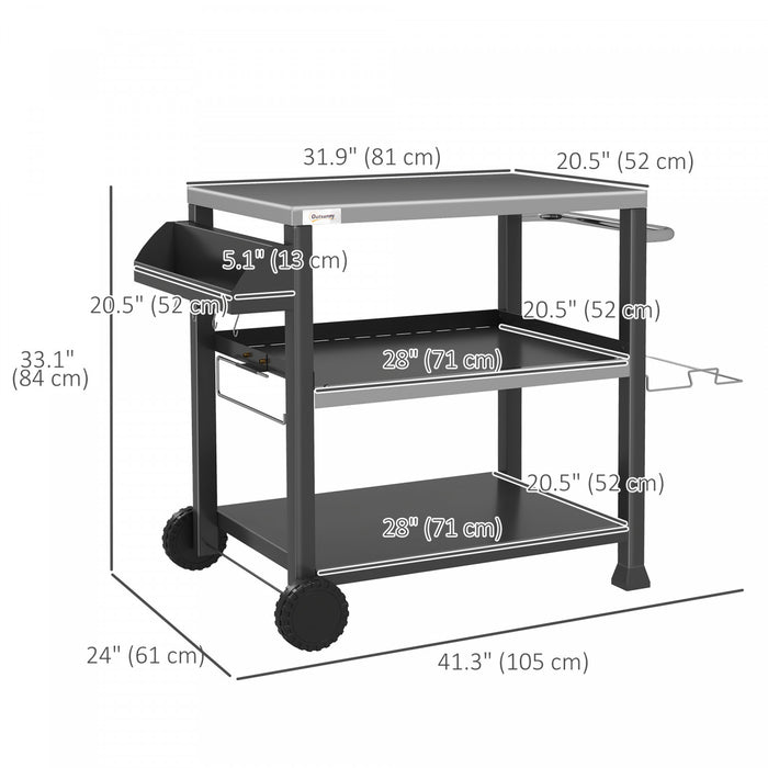 Outsunny 3 Shelf Outdoor Grill Cart with Stainless Steel Tabletop, Side Handle, 32\" x 20.5\" Multifunctional Pizza Oven Stand, Movable Food Prep Table on Wheels, Black
