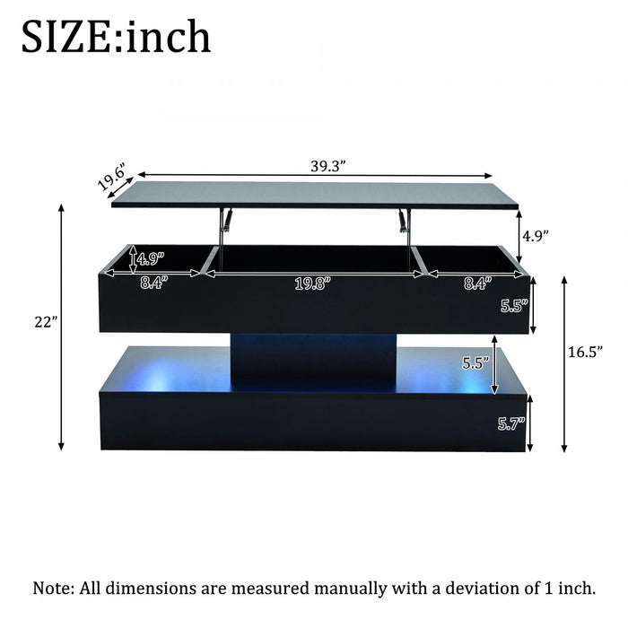 Flexi 39.9 Inch Hydraulic Lift-Top Coffee Table with LED Lighting and Hidden Storage, Black
