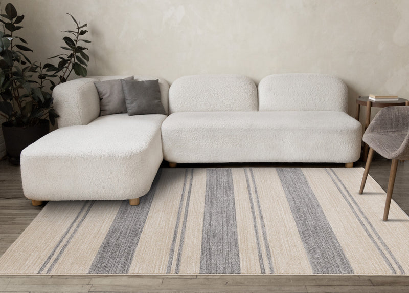 Covington Beige Grey Striped Design Rug, 5'3\" x 7'7\" Indoor Area Rug