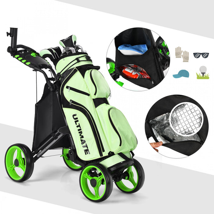 Goplus Folding 4 Wheels Golf Push Cart W/bag Scoreboard Adjustable Handle Green