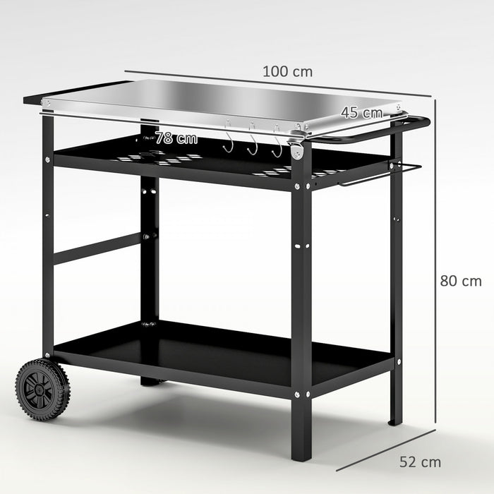 Outsunny Outdoor Grill Cart with Stainless Steel Top Adjustable Shelf, Pizza Oven Table with Hooks, Seasoning Tray, Towel Rack, Movable Grill Dining Cart with Cover, Black