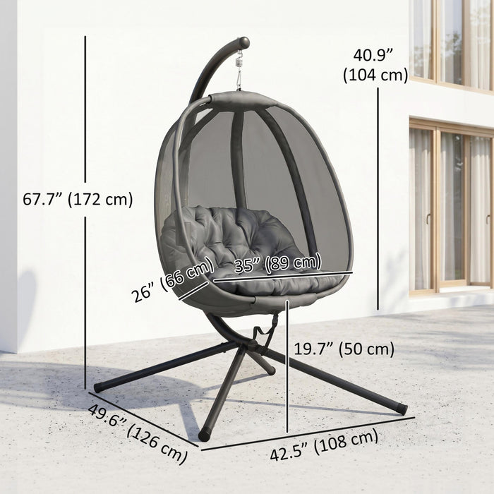 Outsunny Hanging Egg Chair with Stand and Folding Basket, Grey