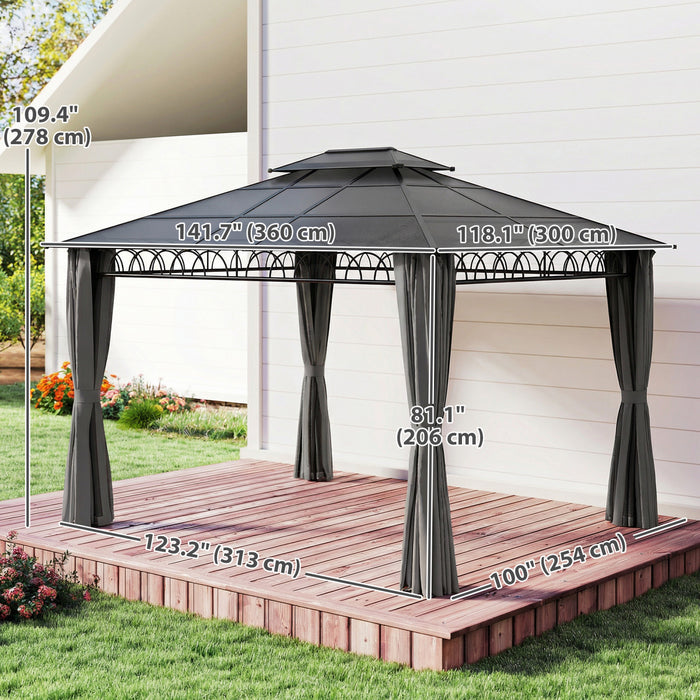 Outsunny 10' x 12' Double Roof Hardtop Gazebo with Curtains, Black