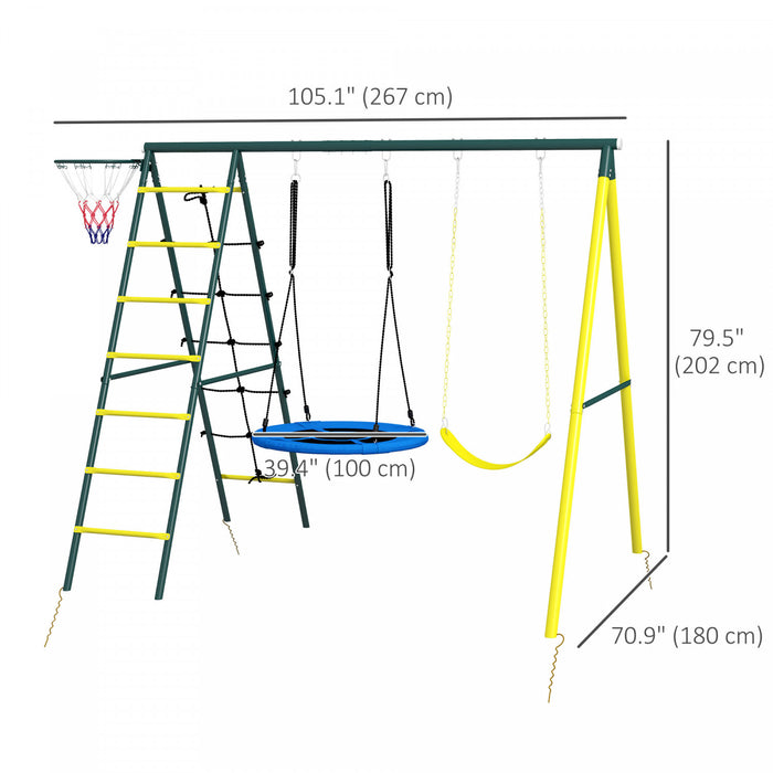 Outsunny 5 In 1 Swing Set For Kids With Saucer Swing, Seat, Climbing Ladder/net, Basketball Hoop, Metal Frame Swing Set For Backyard Outdoor, 3-8 Years Old, 105\" X 71\" X 80\"