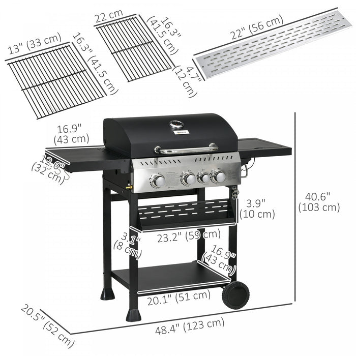Outsunny Propane Gas Grill with 3 Main Burners, 1 Side Burner, 38,000 BTU Outdoor BBQ Grill Cart, Shelves, Warming Rack, Thermometer, Bottle Opener, Wheels, Black