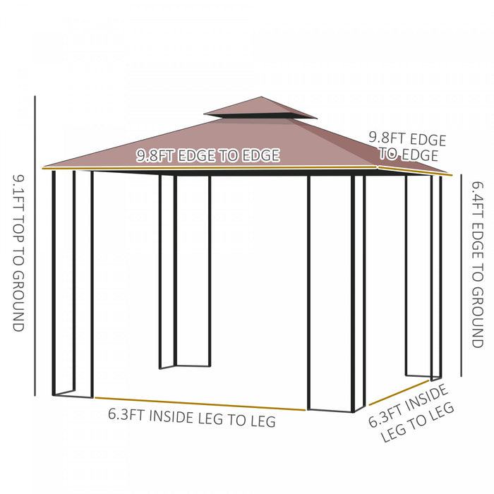 Outsunny 10'x10' Gazebo Canopy Outdoor Patio Sun Shelter Uv Protect W/ 2-tier Polyester Roof Curtain Sidewalls And Steel Frame Brown