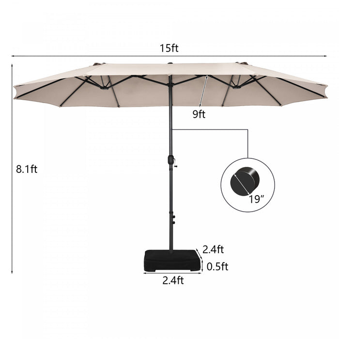 Costway 15FT Double-Sided Twin Patio Umbrella Sun Shade Outdoor Crank Market Base Beige