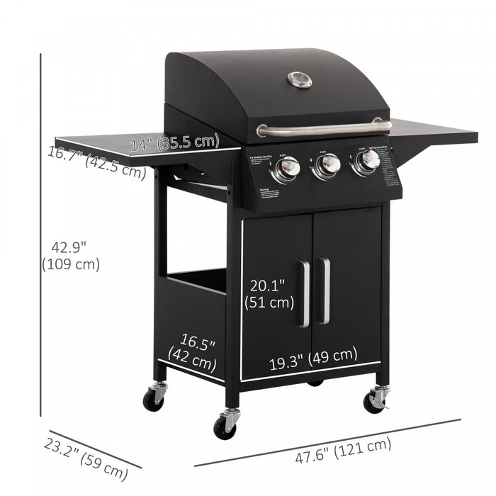 Outsunny 3 Burner Gas Grill, Portable Outdoor Propane Grill with Wheels, Carbon Steel Barbecue Trolley, Side Shelves, Warming Rack, Storage Cabinet, Thermometer, Black