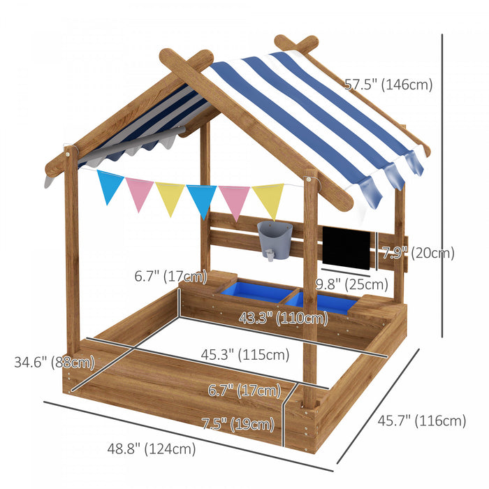 Outdoor Kids Sandbox With Cover, Liner, Blackboard, Toys, Seat, Flags, House Design, Kids Playset For 3-7 Years Old, Backyard, Brown
