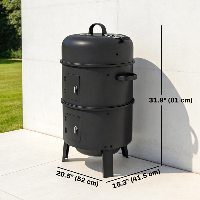 Outsunny 3-in-1 Vertical Charcoal Smoker with 2 Grill Grates, Built-in Thermometer, Adjustable Vent, 2 Doors, Outdoor BBQ Smoker Grill for Camping, Parties, Picnic