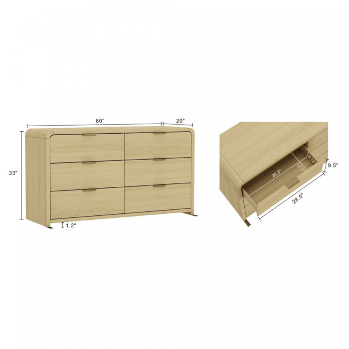 Grace Modern 60\" Dresser in Natural Oak (6-Drawer)