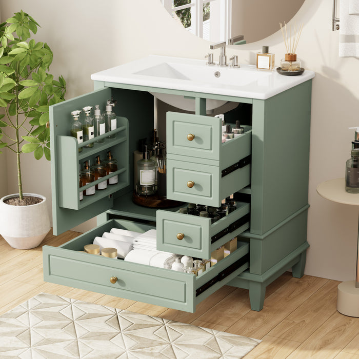 Emma 30\" Solid Wood Bathroom Vanity with Ceramic Sink and Soft-Close Door, Green