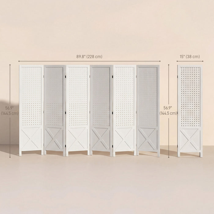 HOMCOM 56.9\" 6 Panel Room Divider with Pegboard Display for Indoor White