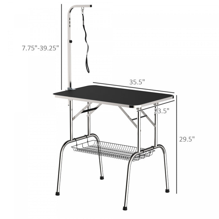 Pawhut Dog Grooming Table With Adjustable Grooming Arm, Pet Grooming Table For Dogs With Storage Shelf, Foldable Design Stainless Steel For All Sizes Dogs Cats, Black
