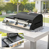 Outsunny 3 Burner Portable Propane Gas Grill Griddle, 2-in-1 Tabletop Grill and Griddle Combo with Convertible Shelf, Thermometer, Lid, Adjustable Foot Pads, 28,500 BTU, Black